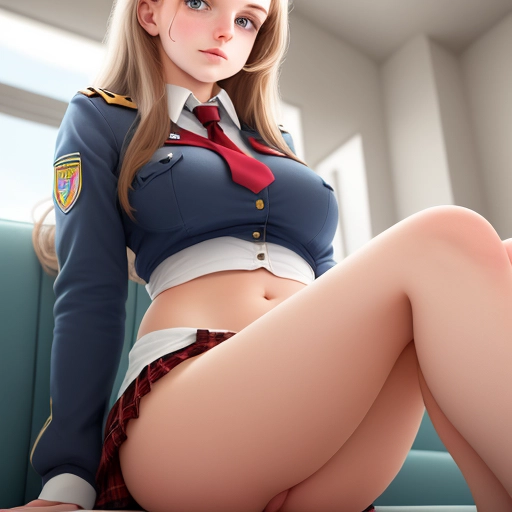 cute 19 year old girl, she is sitting, perspective from below her, uniform, thighs are slightly open showing her panties, ((she is not looking at the camera))
