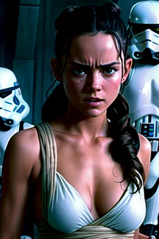 Rey skywalker forced to have sex nude in front of horny stormtroopers touching her, crying, ashamed, realistic, finely drawn face, pretty face, rey skywalker butt grabbed by stormtroopers, boobs grabbed