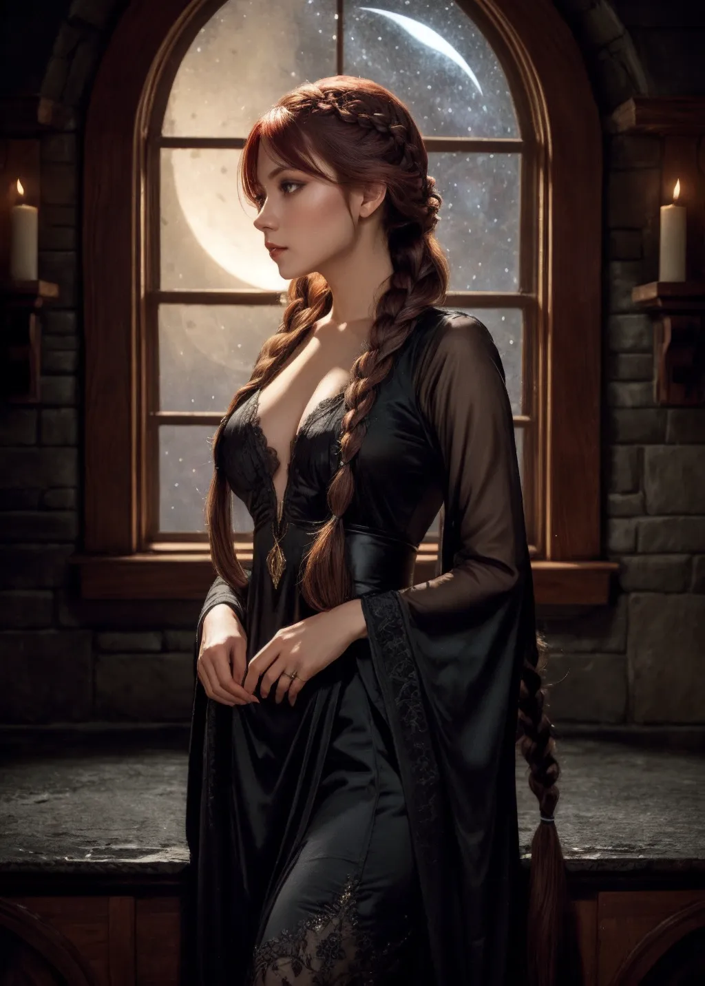 1girl, a (dark:1) and (haunting:1) (photograph:1) of a (((busty woman with incredibly long trailing hair:1))), rapunzel hair, ((((super long hair:1)))), ((((one very long braid:1)))), red hair, violet eyes, blunt bangs, elegant, 18th century, (huge breasts), natural breasts, lip gloss, manicured nails, flushed cheeks, (nipples:1), (brushing hair:1), sensual,
castle window seat, stone window, stone tower, dark sky, stars, constellations, crescent moon, fairy-tale, heavy fog, seeping darkness,
detailed eyes, detailed face, particle effects, bokeh, ray tracing, cinematic, ultra sharp, clean lines, (14k resolution), hyper-realistic, detailed background, HDR, UHD, 64K, Highly detailed, ambient lighting, Professional, Trending on artstation, Unreal engine, Vivid Colors, <lora:dpmg_add_detail:0.6>, night time, night scene, taken at night, dark lighting, moody lighting, <lora:real_pussy:0.5>