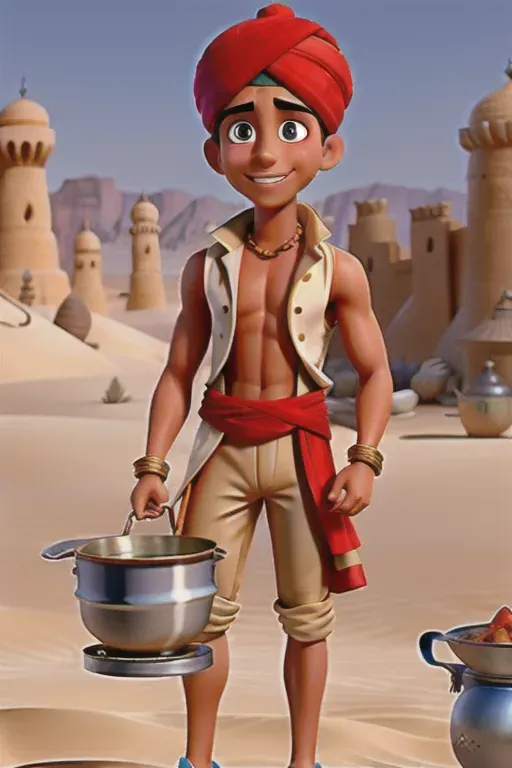 A digital picture of a tanned, arab teen boy, wearing a turban, and an aladdin costume, showing chest and barefoot, cooking stew in a metal pot in the desert
