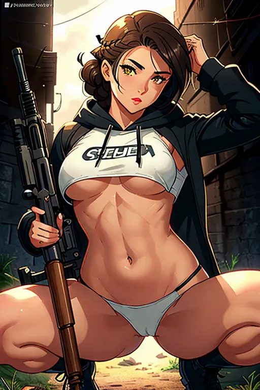 Cute mercenary, sniper woman, latina, short braided brunette hair, dark eyebrows, cute yellow eyes, small nose, full lips with lipstick, soft cheeks, sharp chin, cropped tactical hoodie, small breasts, naked ass, thicc stomach, belly button, curvy thighs, sexy ass, aroused clit, dripping with cum, squatting, holding a very large Remington sniper rifle, ready for sex, high definition, excellent lighting, 4k quality, awesome shading, great detail, five fingers per hand