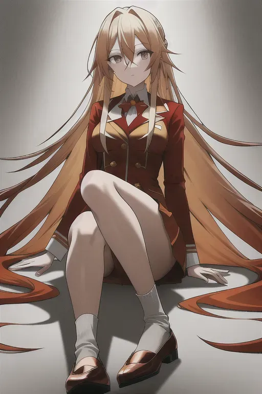 Long, blond hair, red suit, grey eyes, orange hairpin, shoes with socks, brown skirt