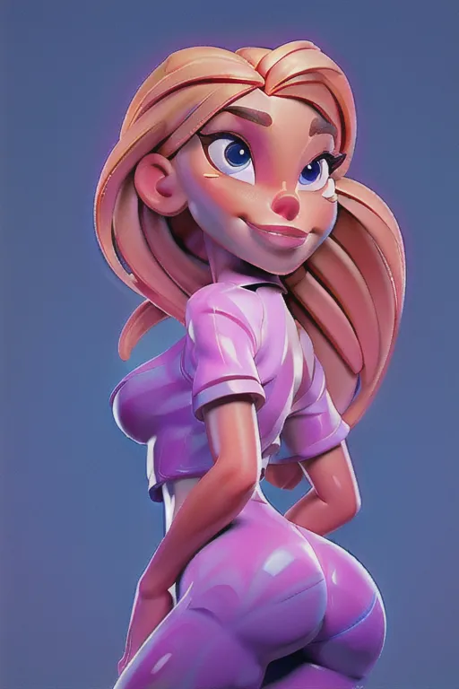 Best quality, black skin tone hyper-realistic Naked foxgirl bending over showing asshole, ass pov, nsfw, medium breasts, big ass, blonde hair, long hair with no strands, blue eyes, pink lipstick, face, pink crop top,fox tail and ears, beautiful lips, curved eyelid, smooth skin, perfect shy smile, white teeth,bright blush, wearing blue gem necklace, professional, cinematic lighting, sharp focus, editorial, highly detailed, clean edges, thick lips <lora:dpmg_android_18:1> dpmg_jenna_ortega_v1 <lora:dpmg_3d_rendering:1> <lora:dpmg_3d_rendering:1>