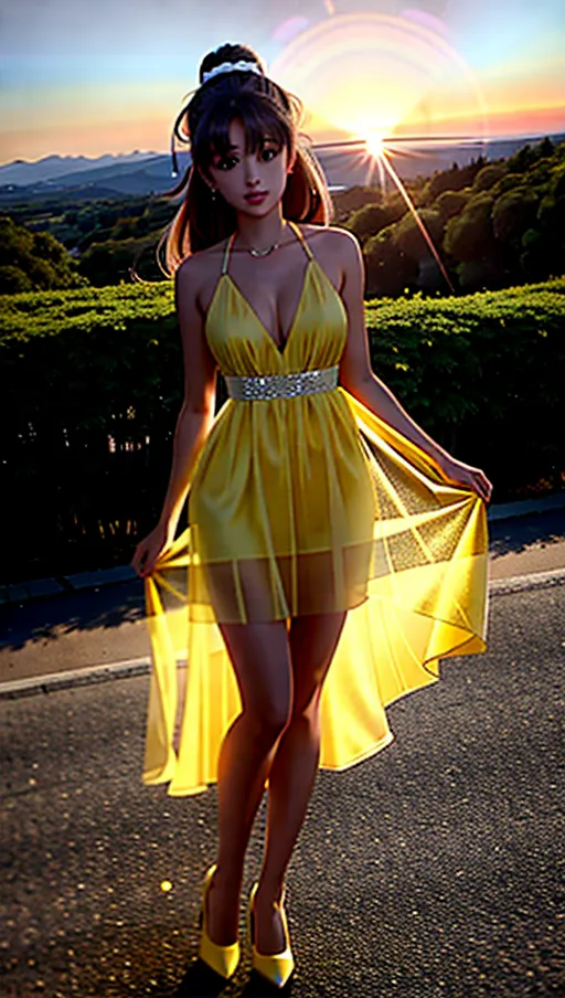 a 8k high resolution photo of ariana grande, ((outside on a hill)), highly detailed, beautiful face, beautiful eyes, beautiful small breast, full body shot. Medium shot.
Yellow sun dress, ((sheer dress)), silhouette of body through dress.
Standing on hill looking at the camera with ((legs spread apart))
cinematic lighting, sunset, sun setting behind her