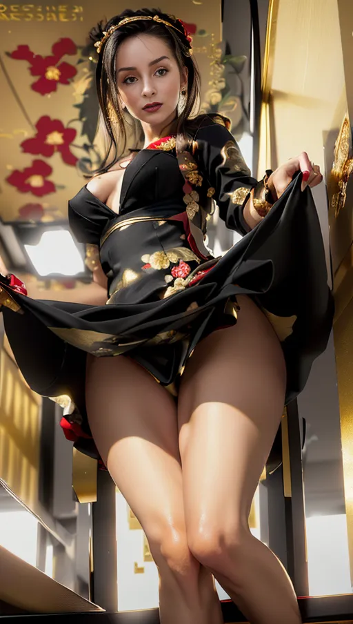 (Masterpiece), 8k resolution, best quality, hyper photo realistic,
Highly realistic details, perfect lighting,
Brunette girl, sexy,
Slim body, slender figure, small tits,
Perfect face, high detailed face,
Perfect body, light complexion,
((Hair in a bun)), presenting pussy,
Skirt lift, (((black dress with red and gold floral patterns))), (shaved pussy), ((in class))
