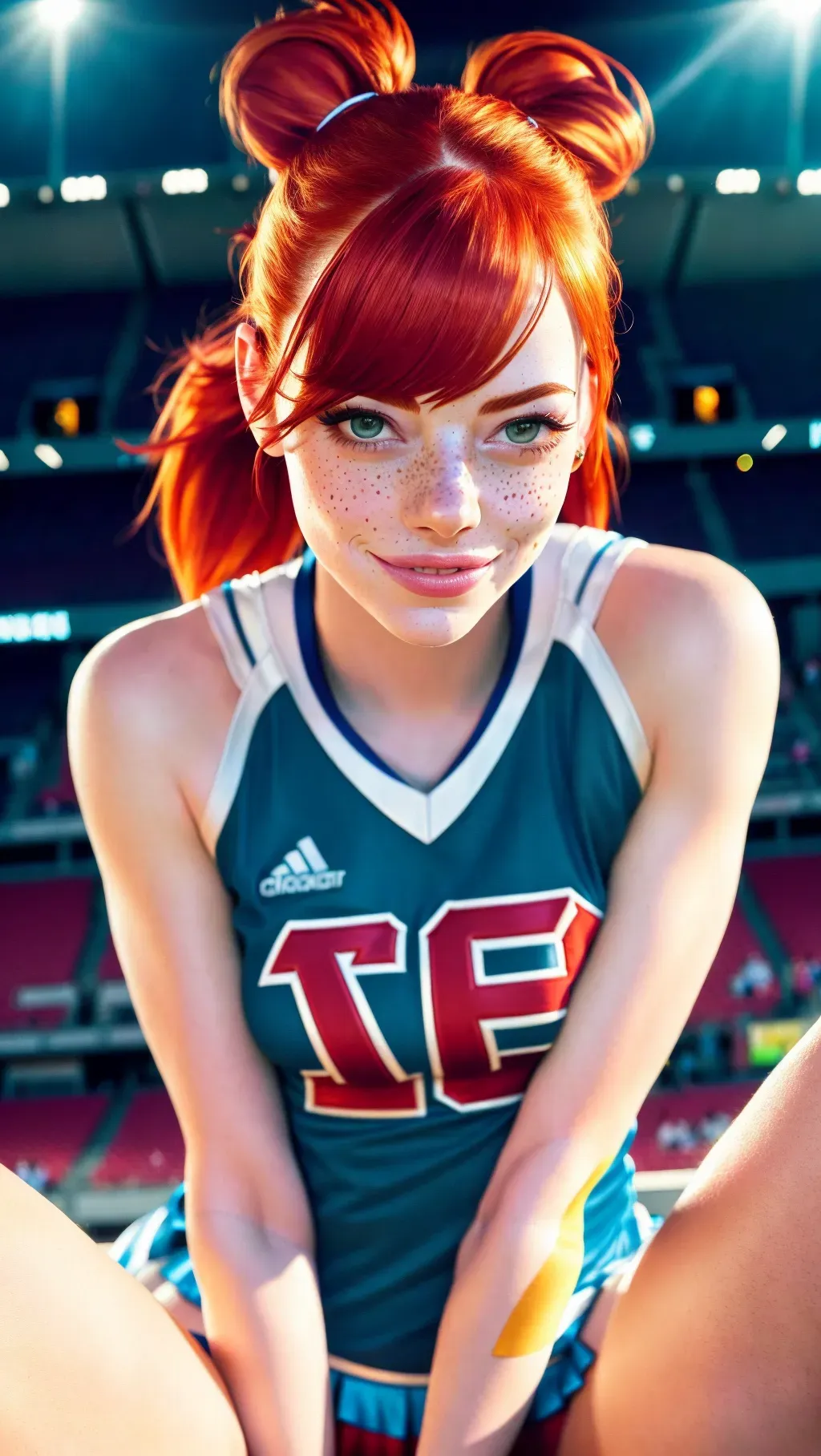 The photo is a pov from the floor, Emma Stone, wearing a varsity cheerleader top, wearing a cheerleader skirt, red hair in pigtails, freckles, a flirty smile, sitting with legs slightly spread, in the bleachers at a football game, realistic eyes, curved eyebrows, textured skin, flawless face, thin body, small breasts, cgsociety, unreal engine, highly detailed, artstation, deviantart, sharp image, centered, volumetric lighting, hyper-realistic, backlighting, studio lighting,