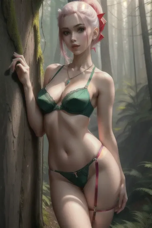 a color pencil draw of,zero two,wearing lingerie,leaning against the wall,in the forest,small breasts,five slender fingers,undercut hair,beautiful face,beautiful lips,green eyes,curved eyebrows,pale skin,joyful,wearing necklace,professional,unreal engine,surreal,pixiv,artstation