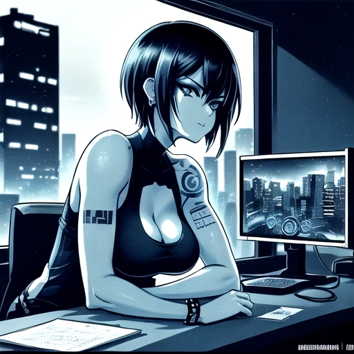 Medium shot, Monochrome, side profile, of a highly detailed beautiful, thin Cyber punk female in the style of Masamune Shirow with blue black hair, her hair is short and is hanging down on the backside of her face, head tilted forward sitting and facing a computer monitor in a dark room, leaning forward with her arms on the desk, looking playful, at a desk with a tank top on showing cleavage and tattoo sleeves on her arms and a small line tattoo on her cheek. Dark background with a cyberpunk city skyline at night in the window and a blueprint on the wall, she has a bracelet on her wrist and is wearing earrings on her ears