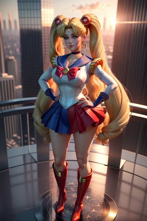 3d, detailed drawing, Sailor Moon, detailed face, blonde flowing twintails, red boots, blue skirt, low cut white blouse, long legs, standing proudly, hands on hips, on top of a skyscraper, overlooking city
