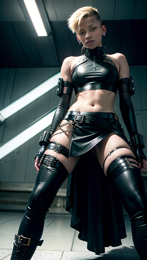 (Cyberpunk_slut:1.2), (magazine photoshoot), (fit body, small breasts:1.4), glistening skin, fair skin, pale skin, (detailed skin texture, goosebumps), (((blonde hair, undercut hair, tomboy hair))), (((cybergoth outfit, gothic heavy boots, armored metal_bikini, (dark full-length skirt, long see-through dress, neon accents), sexy legs, bare midriff))),
(((from below view:1.2))), (((she is straddling the viewer, erotic pose))),
(best quality), <lora:dpmg_add_detail:0.5>, beautiful,(high resolution), (((masterpiece))), (uhd), (8k),