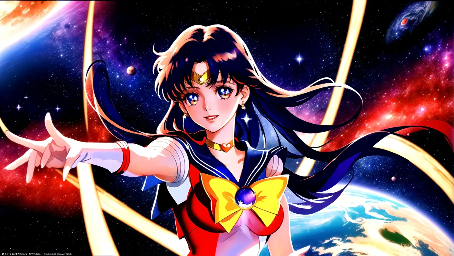 high res digital concept art of Sailor Moon with cosmic space background of stars and planets. She looks happy and cute, detailed face, detailed fingers, red boots,