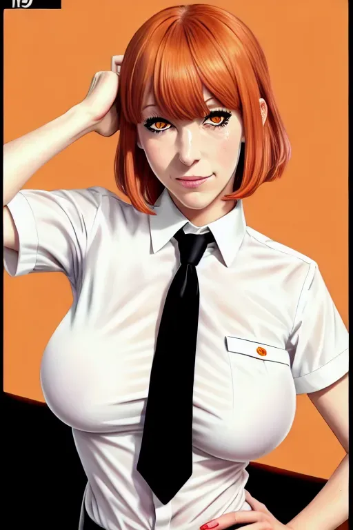 best quality, 1girl, white wet shirt, collared shirt, black necktie, small boobs, black trousers, ahegao, nose blush, looking at viewer, dpmg_chainsaw_makima_v1