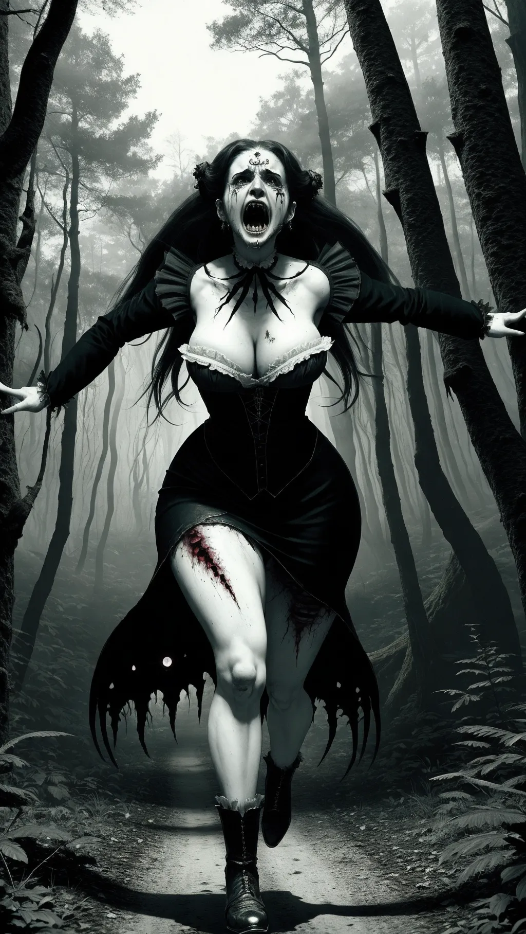 Victorian woman, small breasts, small hips, cute, terrified, screaming, tears, torn clothes, bloody, running, ((being chased by big monster in the woods)), large monster, creature, chased,