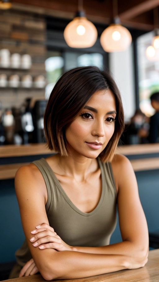 Portuguese woman-30 years old-athletic body-taking a selfie at a hipster coffee shop, seated pose, angled view-hand on chin-soft smile, almond-shaped eyes-small straight nose-full lips, brown ombre-bob cut, wearing minimalist fashion-muted tones, feeling content and trendy, Nikon D850-camera held at eye level-close-up shot-natural light, aperture f2.8-shutter speed 1-200 sec-ISO 400