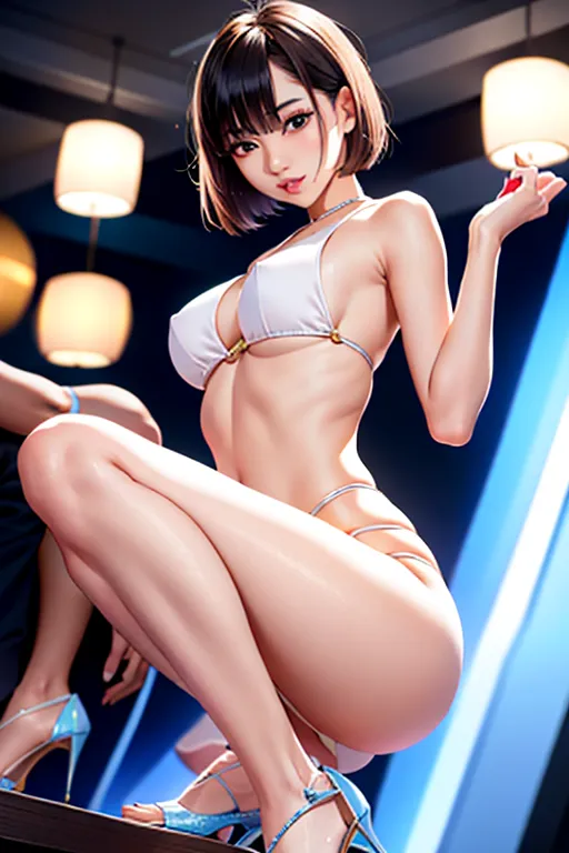 a 8k high detail photo of a slim, beautiful 24 year old asian with a bobcut. you can see her long legs and stilleto heels. she is flirting with men at a dance club.
