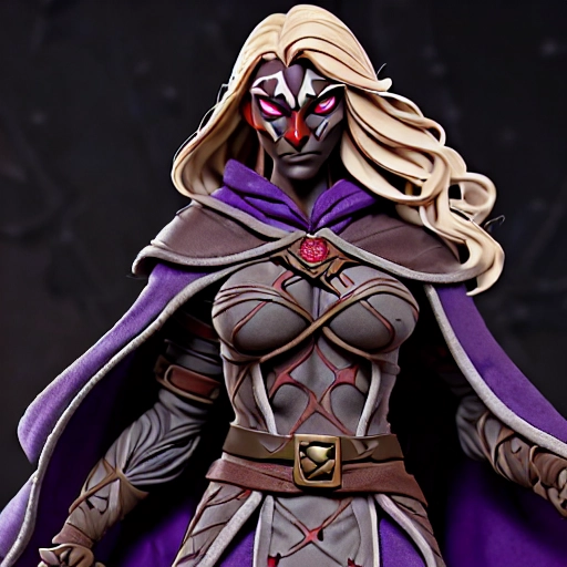 1 female elf ,solo, , tsundere, spider amulet, spider web tattoos on arms, tsundere, blonde colored hair , purple warpaint on face under eyes , dark purple spider like war paint face paint lines from eyes, pale white skintone, , winter trench warrior coat , medium length messy mullet hairstyle , elf only , caucasian skintone skin color, half elf, half drow, elf ,detailed landscape, , ash grey skintone, solo , pointy elf ears, looking at camera , combat ready , red drow eyes , red bright determined eyes , red eyes, with , long striped ranger coat , warrior fighter coat , warrior, knight, metal breastplate ,holding rapier thin ornate blade , knight mercenery armor, red cape, masterpiece, dungeons and dragons anime style <lora:dpmg_3d_rendering:1>