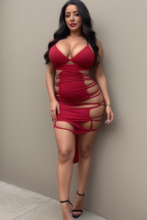 a strikingly beautiful Latina woman, with long, dark hair that cascades down her back in waves, piercing green eyes, she is older in age but with tired eyes. A body that used to be fit is now slightly chubby.
dressed in a sinful tight dress that accentuates her curves, and you can see the curve of her ass peeking out from beneath, Navel, tummy, hips, thighs. She wears red lipstick that highlights her full lips and a pair of strappy black stiletto heels that give her an extra boost of height.
