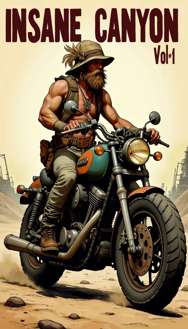 A detailed digital drawing in a dark, gritty, and stylized comic book art style. The image features a muscular, rugged character with a weathered, tanned complexion, wearing a mix of vintage and steampunk attire. The character has a wild, untamed look, with long, unkempt hair and a thick, bushy beard. He wears a large, battered hat adorned with feathers and a pair of goggles with lenses that are partially obscured by dust and grime.
The character is seated on a massive, custom-built motorcycle that resembles a cross between a futuristic and vintage design. The bike is equipped with numerous gears, chains, and mechanical parts, giving it a rugged, utilitarian feel. The motorcycle has large, thick tires and a powerful engine visible through the open exhaust pipes.
The background is a desert landscape with a hazy, dusty atmosphere, suggesting a harsh, arid environment. In the distance, there are vague outlines of industrial structures and machinery, adding to the post-apocalyptic feel. The title "INSANE CANYON VOL#1" is prominently displayed at the top of the image in bold, all-caps letters, indicating this is the first volume of a comic series