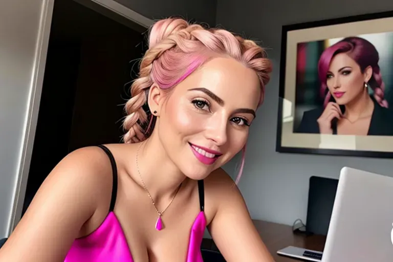 A highly detailed photorealistic photo of,an attractive young woman,(pink hair) wearing short pleated skirt, silk blouse, sexy pose, smiling, at the office, natural big breasts, deep cleavage, five fingers per hand, braids hair, gorgeous face, beautiful lips, blue eyes, curved eyebrows, curved eyelids, cosy, wearing necklace, artstation, surreal, sharp focus, smooth, bokeh, accurate features, accurate hands