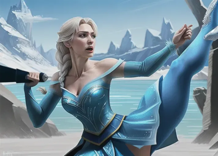 Beautiful Elsa of Arendelle sparring with Sub-Zero of Mortal Kombat. photorealistic. Medium shot. low angle.