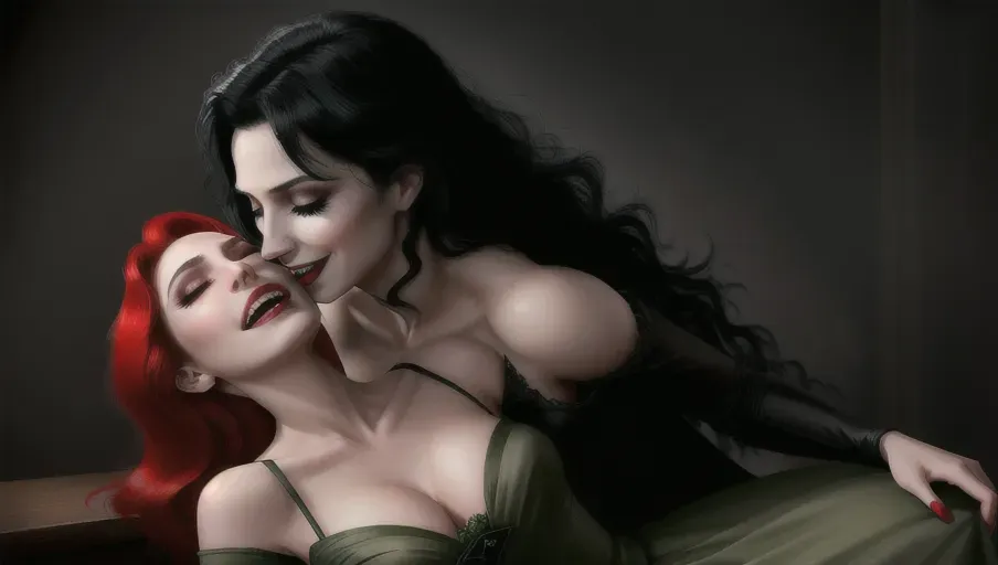 two figures in a dark and foggy goth club. An evil sexy sensual slightly taller dominant female black straight haired vampire with a wide toothy predatory smile, taking her human victim in her arms caressing sexually arching over as she bites the neck of her victim
fearful and seeking to escape, Innocent, good girl with light reddish-auburn gentle wavy hair, light make-up, good girl mid-twenties Anna of Arendelle, entranced lips agape in horror, eyes half closed in a modest elegant soft green Nordic ballgown.
photorealistic. High resolution