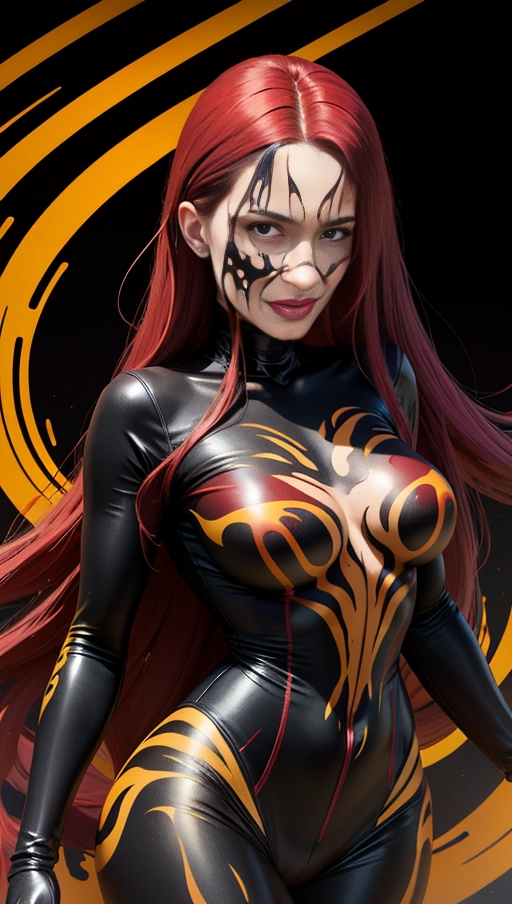 ((Burgundy red and yellow symbiote girl)), ((hair-raising symbiote)), ((burgundy red and yellow symbiote goo)), ((((burgundy red long hair with yellow strands)))), ((red and yellow symbiote goo suit)), (yellow strands), (((symbiote goo face))), (((((symbiote goo hair))), ((((symbiote goo face transformation)))), symbiote goo body