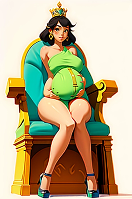 (((((((full body image))))))), (((((I am looking at her from below))))), (((very tall Asian princess))), (((very cute Asian eyes))) (((((slender body frame))))), blushing deeply, (((((direct eye contact))))), ((((cute bashful face)))), (((((she is looking at me from below me))))), (((((((belly fully exposed and naked))))))), ((((((exposed massive naked belly)))))), (((((((((huge naked bulging protruding swollen pregnancy belly))))))))), (((gigantic pregnancy belly))), (((((her belly is too big))))) (((large breasts))), ((((perfect belly anatomy)))), wearing lots of jewelry, necklace, bracelets, anklets, earrings, (((in a lavish temple))), ((((very bashful and shy)))), ((((sexy golden open toe high heels)))), (((((she is playfully beckoning for me to approach her with her hand)))), ((((she is sitting on a throne with legs spread open)))), (((very skimpy clothing)))