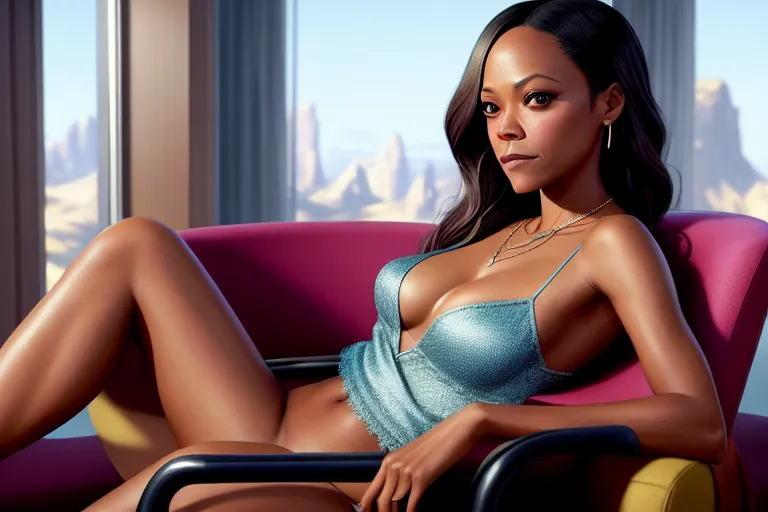 a color pencil draw of,zoe saldana,wearing camisole,sitting in a chair,in a hotel room,amazing breasts,five fingers per hand,charming face,beautiful lips,curved eyebrows,curved eyelid,smooth skin,wearing necklace,cgsociety,unreal engine,8k,artstation,surreal
