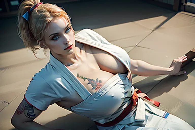 a realistic photography of, <judoka girl>, <lora:dpmg_euro_american:1>, thik body, high heigh, great eyes, thik lips, blond ponytail, tattoos on body, wearing a white kimono, half visible breast, large nipples halos, natural normal breast, inside judo gym, high dynamic frame, (((lying at ground, spreading legs))), throw, loosing the match, surprise face, high definition face, high definition feet, five fingers per feet, five fingers per hand, high definition hands, high quality 8k photography,