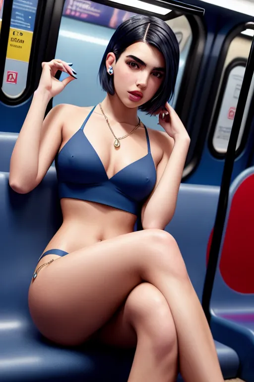 a photograph of,dua lipa,naked,sitting,in the london underground,small breasts,five fingers per hand,undercut hair,charming face,beautiful lips,blue eyes,curved eyebrows,smooth skin,wearing necklace,smooth,8k,ultra realistic,cgsociety,editorial