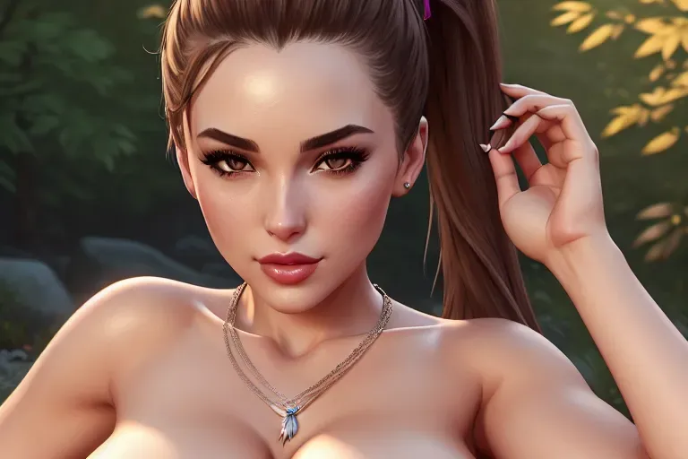 a digital painting of,a pornstar girl,naked,doing sexy pose,outdoor,small breasts,five fingers per hand,ponytail,gorgeous face,beautiful lips,curved eyebrows,pale skin,cosy,wearing necklace,surreal,cgsociety,unreal engine,highly detailed,artstation