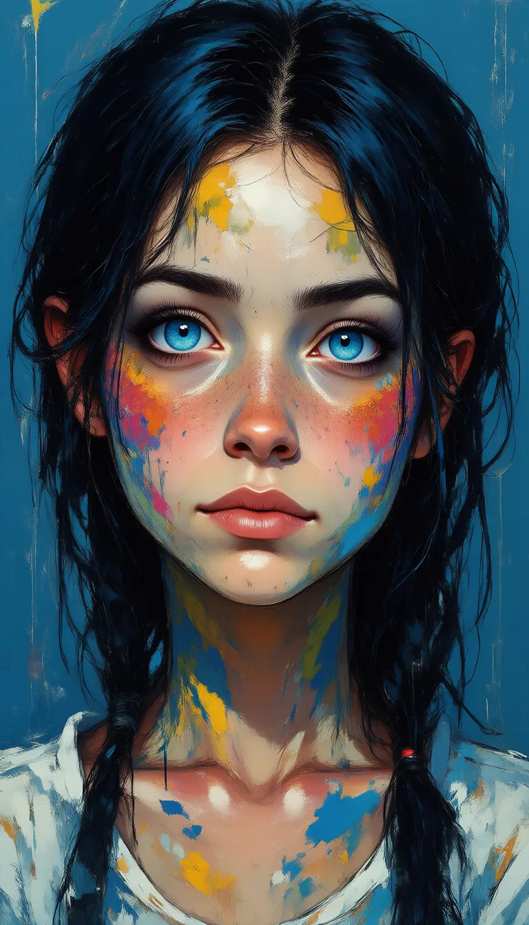 RawColorDaal,
a woman with blue eyes and paint splatters on her face, set against a blue background. The painting is a digital art piece created by Mike McGlothlen, a renowned artist known for his work on digital art. The woman's face is painted in a realistic style, with vibrant colors and intricate details that bring the painting to life.