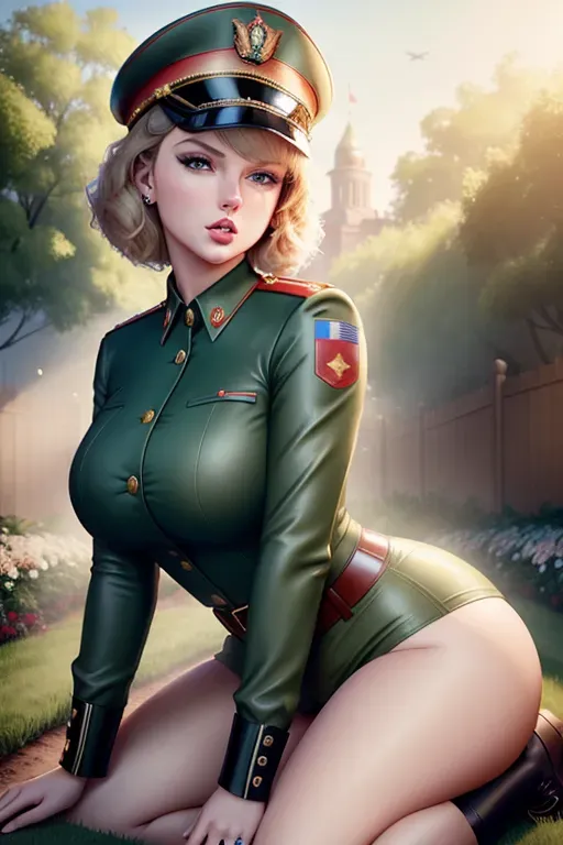 a digital art of,taylor swift,wearing soviet uniform,all-fours,in the garden,natural breasts,fatty, chubby,five fingers per hand,short hair,beautiful face,beautiful lips,green eyes,curved eyebrows,curved eyelid,textured skin,satisfaction,tattoo,artstation,professional,unreal engine,bokeh,sharp focus