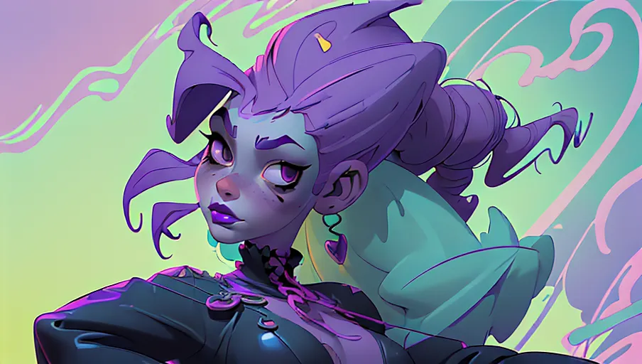 (((digital illustration of a punk magical woman))), (art by ghibli), (detailed facial features), (thick purple lips), ((wide hips and small upper torso)), pear shaped figure, thick thighs, fishnets bodysuit, holey baggy black tee