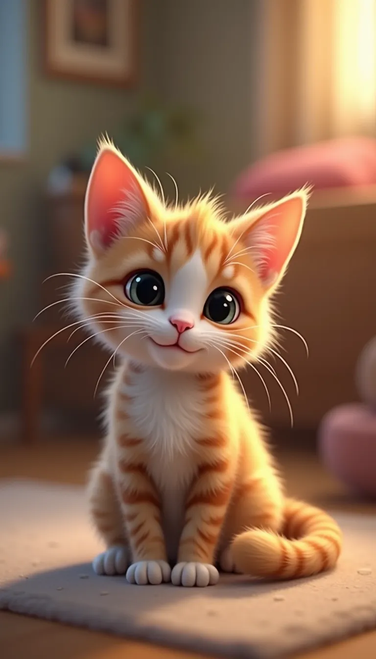 A cute cat sitting gracefully, with big expressive eyes and a fluffy tail curled around its paws. The background is softly blurred, featuring a cozy indoor setting with warm lighting. The cat has a playful expression, with its ears perked up and a slight tilt to its head. The fur is detailed, showing subtle variations in color and texture. The composition follows a 9:16 aspect ratio, perfect for a portrait-oriented image, with the cat centered to draw focus. The style is realistic with a touch of whimsy, enhancing the cat's adorable features.