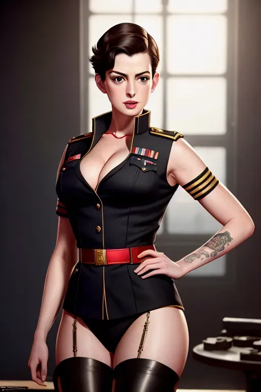 a concept art of,anne hathaway,wearing soviet uniform,all-fours,at the party,big breasts,five fingers per hand,short hair,charming face,beautiful lips,black eyes,curved eyebrows,smooth skin,joyful,tattoo,ultra realistic,smooth,studio lighting,8k,sharp focus