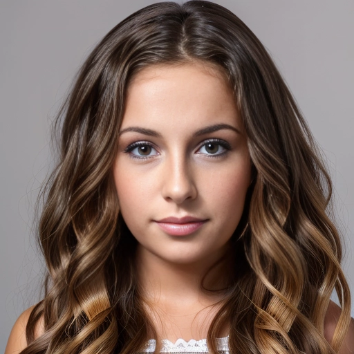 a beautiful young (preteen teenage) girl with long golden brown wavy hair, (largest huge eyes:1.2), realistic, masterpiece, long eyelashes, mascara, tanned