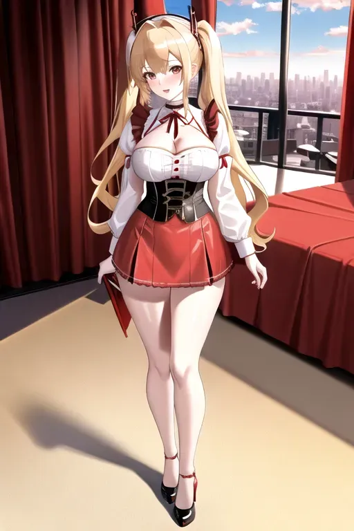 long blonde hair, brown eyes, pale skin, giant breasts, red maid uniform, showing cleavage, bedroom, pov, looking at viewer, miniskirt, black corset, high heels, overlooking city, 4k, 25 years old, full body photo, choker, low pigtails