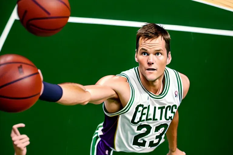 Dopamine Girl - hyperrealism ((realistic photo)) of Tom Brady shooting a  basketball next to Lebron James, deepfake, high resolution, realistic, Tom  Brady shooting a basketball, Tom Brady in a celtics jersey, Lebron