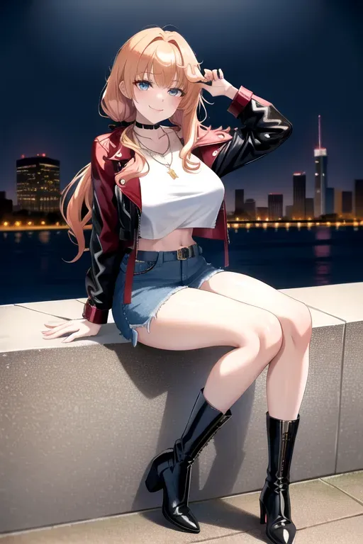full body, strawberry blonde hair, hazel eyes, short girl, denim miniskirt, black high heeled boots, looking at viewer, long hair, pale skin, silver necklace, black crop top, 24 years old, giant breasts, cute face, pov, wavy hair, city environment, Oklahoma City, wide eyes, erotic, skirt tug, leather jacket, nighttime, black backpack, slim body, low pigtails, sitting on wall, smiling