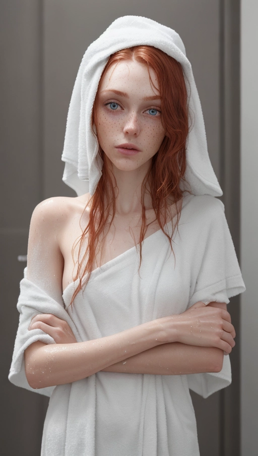 <lora:midjourney-V6:1>, slender skinny pornstar redhead (((realistic image of incedibly small skinny pornstar Maddi Collins))), ageeighteen, intense eyes. ((Pornpics.com)), ((((real)))), freckles, after shower. real photo standing in doorwaydoorway hands on lips wearing ((bath-towel)) with wet hair, looking absolutely alluring, follow me eyes, looking up at camera, natural pose, realistic lighting, realistic skin texture, 16k award winning image for realism, (wet after shower), wrapped in towel