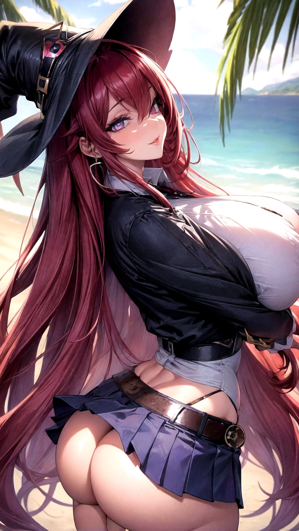 Beautiful, masterpiece, ((((8K resolution)))), hyper resolution, ((beach backdrop)), vibrant colors, (1girl), solo, female focused, close up shot, face focus, extreme face details,
A beautiful (witch) wearing a mini skirt with a huge butt, massive butt, round ass, big boobs, belt, button up shirt, heavy breasts, hanging breasts, athletic body, seductive face, seducing viewer, thick thighs, (((absolutely massive breasts))), skinny waist, long eyelashes, wide hips, red hair, bright pink eyes, ((((hyper detailed eyes)))), perfect hair, <lora:dpmg_add_detail:1>