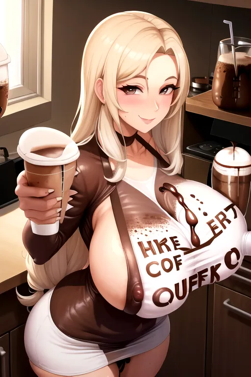 multiple milfs, ((enormous boobs)), tight top with coffee written on it, large aerola, erect nipples, covered in cum, smiling, short haolir, in the kitchen, (((holding a coffee cup)))