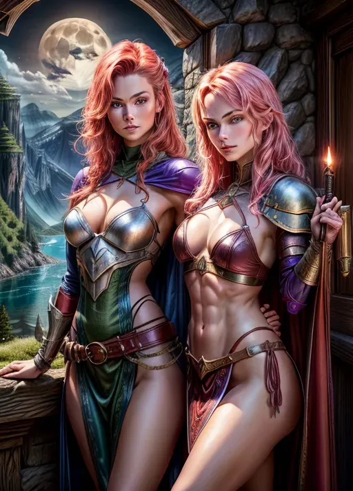 High fantasy setting (Dungeons and Dragons), two young women, Olivia Wilde with long blonde hair and Dina Meyer with short red hair, wearing purple and blue armour, long cape, skirt to knees, high leather boots, medium natural breasts with large cleavage, toned and slim body, abs, slender arms and legs, small ass, midrif, narrow waist, sensual expression, sharp features, very beautiful face, extremely high cheekbones, arched eyebrows, sexy pose, holding dagger or sword in one hand, looking at the viewer, sensual and very self confident smile,
castle on a cliff next to a lake and forest in the background, full moon, moon light,
two arms, two hands, five fingers, detailed fingers, two legs, two feet,
<lora:dpmg_add_detail:1.4>, vivid colors, cinematic composition, artificial light, UHD, HDR, highest quality, highest resolution, (photorealist), (photorealism), (masterpiece:1.4)