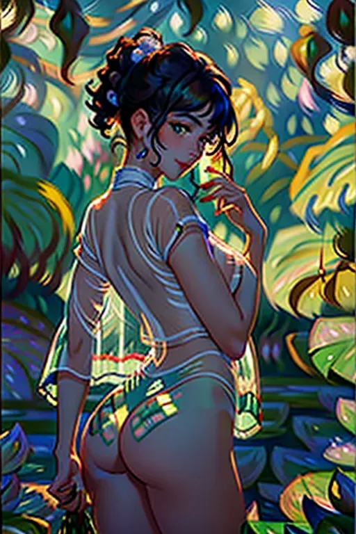 a dslr 34.2k resolution full color glamour digital photograph of a gorgeous svelte 18 year old Malaysian girl ,((wearing a sheer see-through semitransparent cropped shirt)),((showing vulva)), (pubic hair) ,all-fours,in the garden,(perfect ass), small natural breasts,five fingers per hand,short hair,beautiful face,beautiful lips,(coy sultry smile), alluring eyes,curved eyebrows,curved eyelid,textured skin,satisfaction,professional, bokeh,sharp focus, ((((Monet painting))))