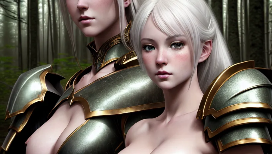 Distant females. White skin. Feminine body. Small female frame. Female body large breasts. Subtle breast veins. Beautiful. High detail armor. symmetrical body. Asymmetrical breasts. High detail realistic breasts. High detail lips. Beautiful lips. Beautiful female. Candid. Candid shot. Photography. Dark lighting. Landscape. Forest.