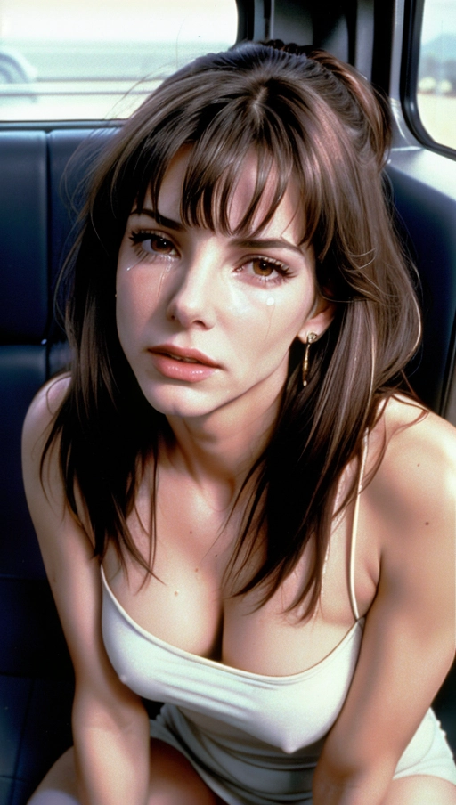 Highly detailed photograph of, (Sandra Bullock from the 1994 movie Speed), use 1994 version of Sandra Bullock for reference, looking sexy and seductive, ((classic chin-length bob hair with bangs)), sitting in a bus, (real sexy photo sent to her boyfriend in 1994), (wearing casual 1990s clothing), photo designed to look exactly like photo taken by camera, most detail possible, Highly detailed face, less makeup, sharp focus, no underwear, hard nipples, legs spread, cum dripping down her chin, About to be ravished, ((sleepy eyed)), ((no makeup)), getting undressed, arms Tied up with rope, (crying tears), (look of fear on her face), looking at viewer, dpmg_pov_blowjob_v1