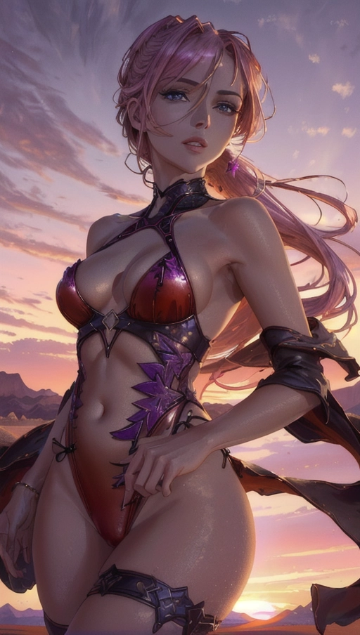 (Best Quality, High res, 8k, HDR, UHD), 1 adult woman, (a breathtaking high contrast masterpiece extreme close up portrait of a mature adult woman in expressive pose gazing into the distance of a train tracks during sunset, sandy desert with pink and purple sky), (long flowing flowery red leotard dress with intricate colours showing bellybutton and underboobs, long hair with low ponytail, hands together with finger interlaced:1.2),
(correct slender human anatomy), ((extremely detailed eyes looking at viewer:1.35)), ((extremely detailed face with neutral expression:1.35)), (beautiful detailed full lips:1.24), ((extremely zoomed in detailed view of realistic high quality face:1.32)),
(Dark and abstract lighting creating a high contrast surreal and abstract feel), (dark and abstract, serene feel, longing and lost, ethereal), ((stunning and incredible background of a sandy desert landscape with pink and purple sunset sky:1.3)), high contrast, high quality fingers with nails, ((yuzuriha inori in her incredibly skimpy red dress)),
beautiful colourful pink and purple lighting during sunset, vivid colours, landscape shot with cinematic composition of an adult woman standing by train tracks during sunset, soft focus, sharp and clear image, (candid:1.1), (flat shading stylised art:1.27), <lora:dpmg_add_detail:0.6>, (physically-based ray tracing, photon mapping, photorealistic, high contrast:1.45), ((high resolution masterpiece, 4K, HDR, UHD:1.45)), (sandy desert landscape with pink sunset and shrubs), trending on artstation