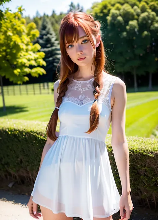 8k, digital photo of redhead girl, blue eyes, long braid, a skinny woman, slim, full body, bangs, small waist, rounded butt, (tigh highs), (pale skin with reflections), dramatic lighting, (photorealism:1.5), (photorealistic:1.4), (8k, RAW photo, masterpiece), High detail RAW color photo, a professional photo, realistic, (highest quality), (best shadow), (best illustration), ultra high resolution, highly detailed CG unified 8K wallpapers, physics-based rendering, photo, realistic, realism, high contrast, hyperrealism, photography, f1.6 lens, rich colors, hyper-realistic lifelike texture, cinestill 800, wearing a mini white see-through sundress, upskirt, outside at a farm, next to a fence, models pose