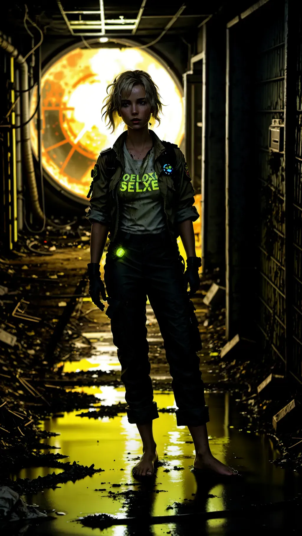 zoomed out, ultrarealistic image, adult barefoot white-skinned female journalist girl with grimy feet and wild unkempt hair wearing a tactical shirt and long tactical pants and wearing gloves and wearing toe rings while wandering a nuclear fallout wilderness during a nuclear reactor meltdown with glowing radioactive sludge everywhere, barefoot, barefoot, barefoot, toxic sludge ground, sludge covered feet, luminescent sludge, glowing radioactive toxic sludge, glowing puddles of sludge, glowing radioactive sludge, ripped clothing,